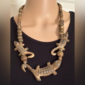 Vintage Ethnographic Style Carved Wood Reptile Crocodile Necklace